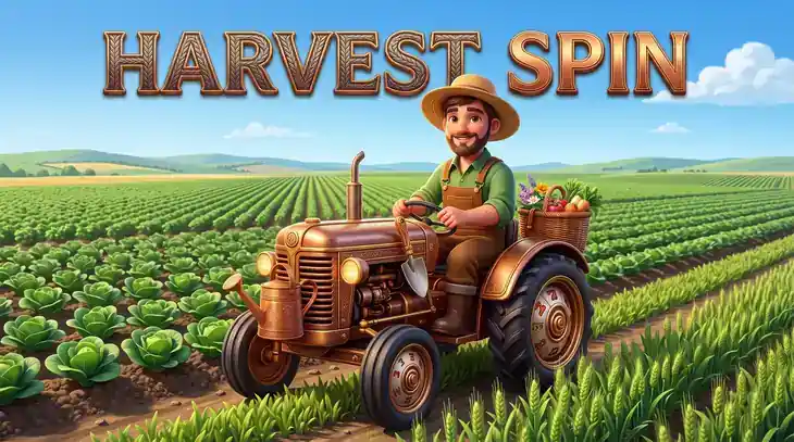 Harvest Spin illustration: a farmer character in a pumpkin and vegetable patch with the Harvest Spin game logo